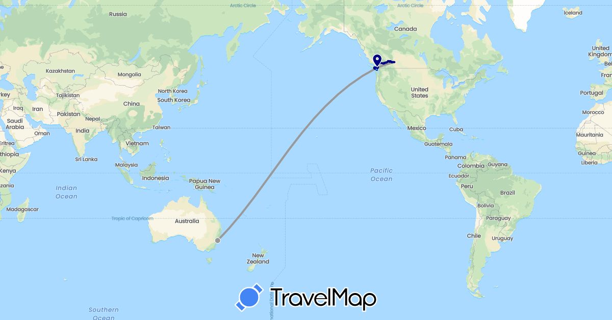 TravelMap itinerary: driving, plane, cycling, hiking, boat in Australia, Canada (North America, Oceania)
